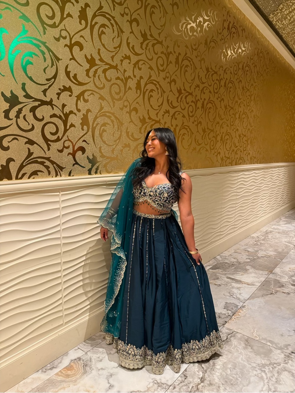 Elegant Teal Embellished Lehenga Skirt Set